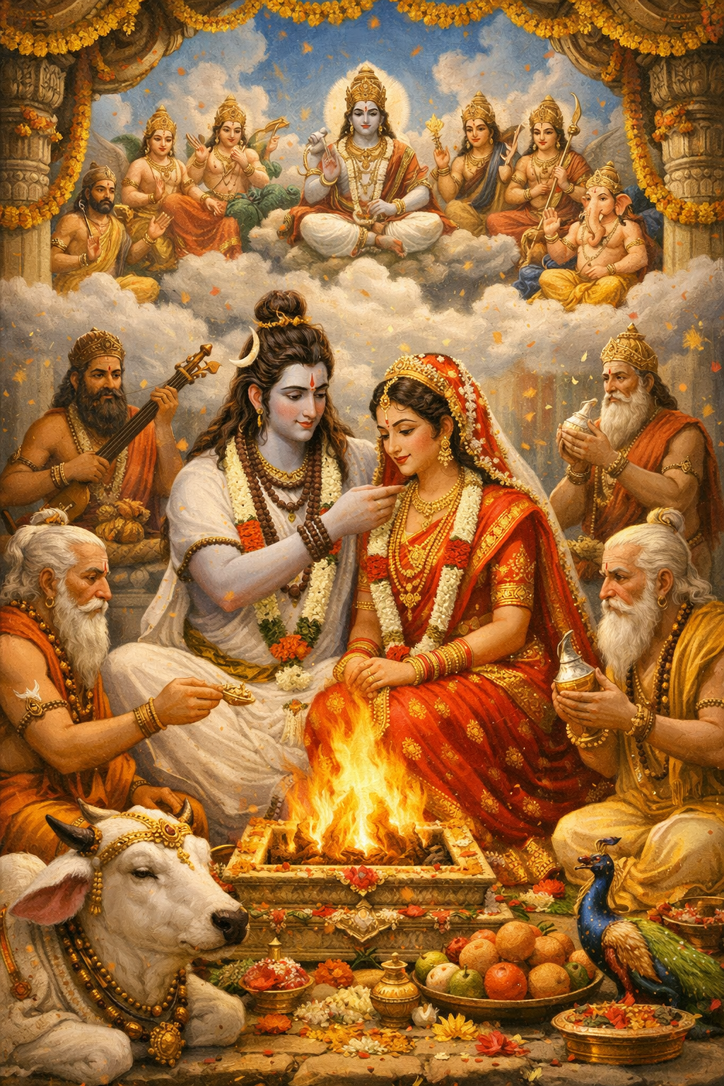 Shiva Parvati celestial wedding gods watching from clouds sacred fire sages Nandi oil painting style HD wallpaper